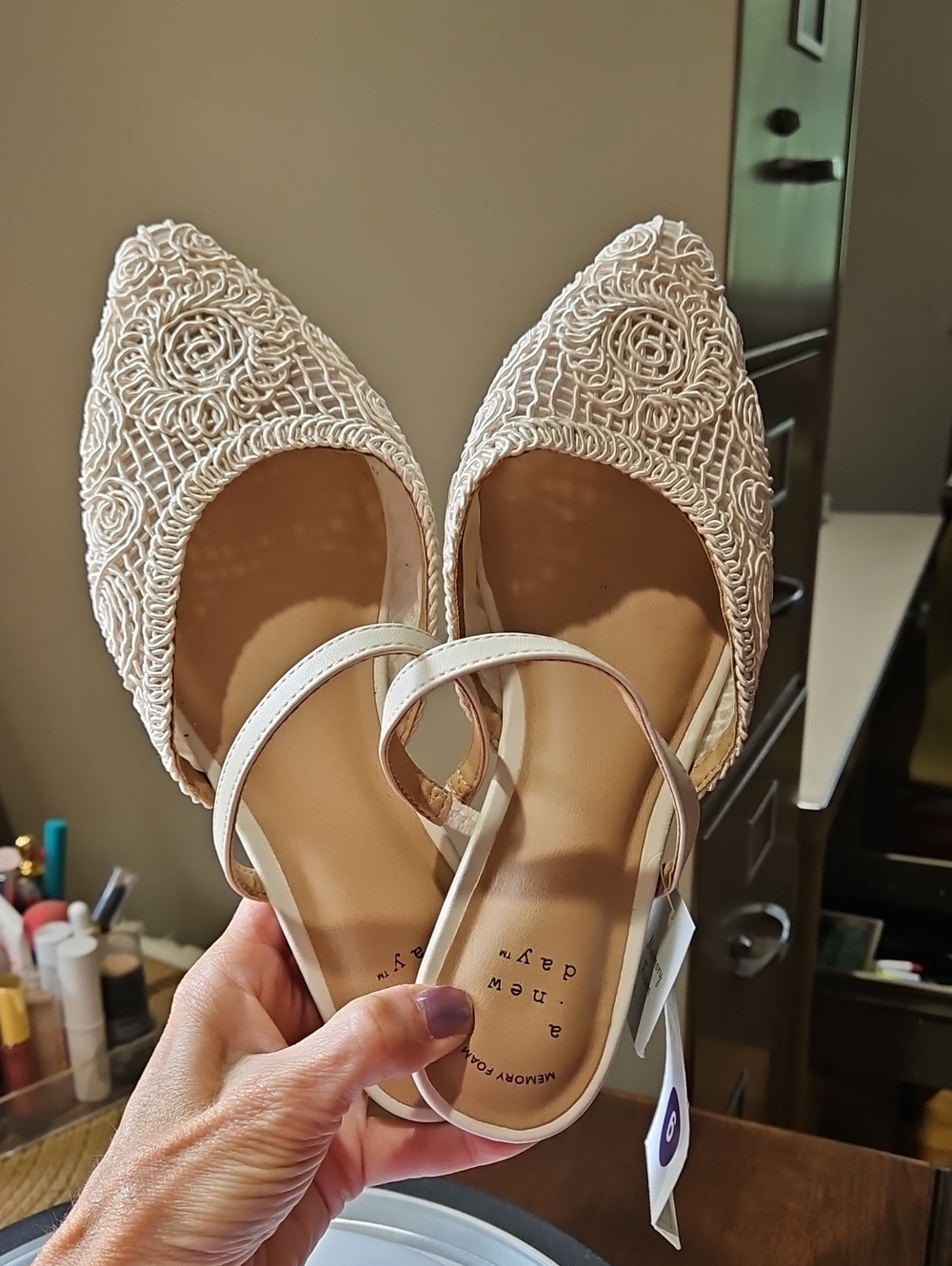a new day Cream Lace Pointed Flats with Ankle Strap